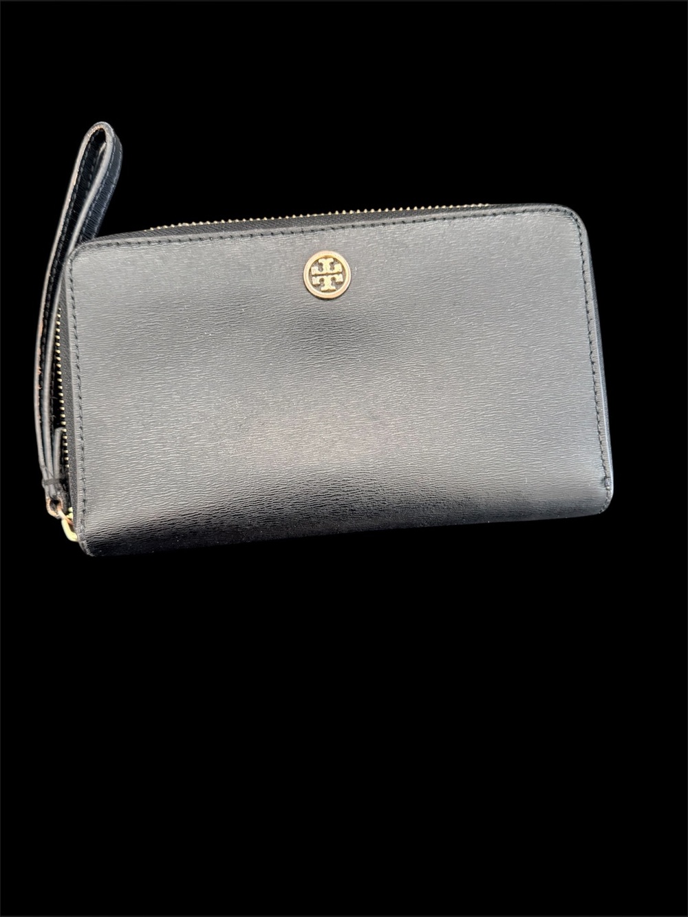 Tory Burch Black Leather Zip-Around Wristlet with Gold Logo